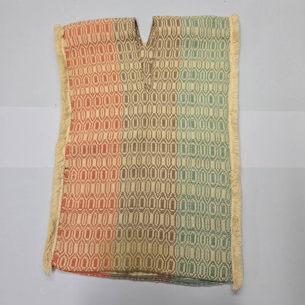 Vintage Handwoven Geometric‎ Poncho Tabard Fringe Multicolor Boho Southwestern